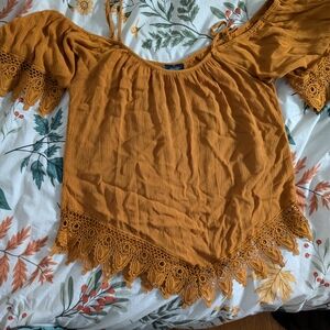 Elegant Mustard Lace Trim Blouse